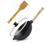 4BIG.fun Wok Padella Ø 26 cm, 2,8 l, in ghisa con manico in legno, coperchio in vetro, padella per wok Asia a induzione