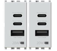 4box - Alimentatore USB CCA 20W compatibile Vimar® Plana™, per caricare i tuoi dispositivi senza alimentatori. 3 connettori: due di tipo C e uno di tipo A. Colore Bianco (Confezione da 2)