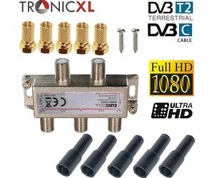 4fach Switch + Protezione Tempo + Connettore F Sat Splitter TV Via Cavo HD 3D 4K