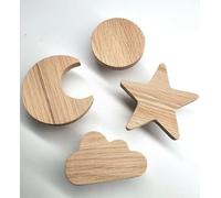 4maniglie per mobili cameretta dei bambini, in legno di quercia non trattato, a forma sole, luna, nuvola e stella, pomelli, adatti comò, armadio, cassetti, idea regalo