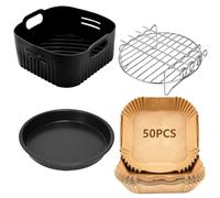 4PCS Accessori Friggitrice ad Aria - 20CM Accessori per Philips XL 6,2L, COSORI 5,5L 4,7L, Cecotec 5,5L 6L, Quadrati Teglia per Friggitrice ad Aria con Silicone, Vassoio Pizza, Griglia, Carta da Forno