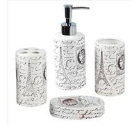 4Pcs Ceramic Bathroom Set, Tower Pattern Toothbrush Holder, Soap Dispenser, Dish & Cup, White