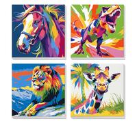 4Pcs Dipingere con i Numeri per Bambini con Cornice, Cavallo, dinosauro, leone e giraffa, Kit pittura con i numeri adulti, Animali, Pittura Acrilica Numerata Per Decorazione Della Casa, 20X20 cm