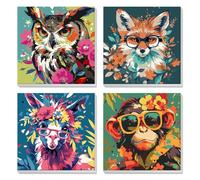 4Pcs Dipingere con i Numeri per Bambini con Cornice, Gufo, volpe, lama e scimmia fantastici, Kit pittura con i numeri adulti, Animali, Pittura Acrilica Numerata Per Decorazione Della Casa, 20X20 cm