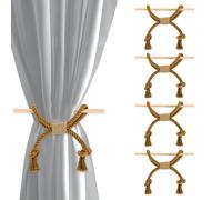 4Pcs Fascette per Tende, Nappe in Cotone con Bastoncino Legno, Marrone Chiaro