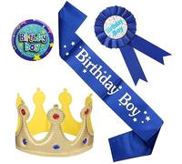 4PCS Kit di Compleanno Ragazzo Fascia Corona, Birthday Boy Compleanno Cintura Set, Blu Medaglia a Nastro, Decorazioni per Feste di Compleanno, Regali per Ragazzi