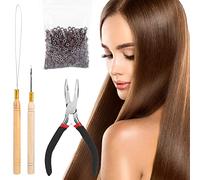 4Pcs Kit di estensione dei capelli Tirare il gancio dell'ago Parrucca Collega pinze + 500pcs Micro Anelli(Marrone)