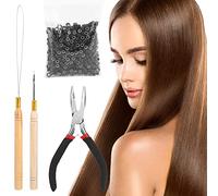 4Pcs Kit di estensione dei capelli Tirare il gancio dell'ago Parrucca Collega pinze + 500pcs Micro Anelli(Nero)