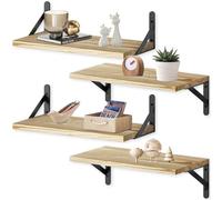 4Pcs Mensola da Muro Legno Fluttuante con Staffe Metallici Antiruggine, 3 Design Mensola Parete Dimensioni Diverse, Scaffale Decorativo e Funzionale per Bagno, Soggiorno, Ufficio & Oggetti Decorazione