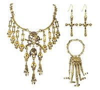 4Pcs Pirate Accessories For Women Multi-Level Pirate Skull Collar Bib Necklace Skull Skeleton Hand Bracelet Pirate Dangle Earrings Antique Gold Halloween Jewelry Set