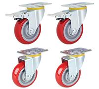 4pcs Swivel Furniture Casters Heavy Duty,Red Polyurethane Foam Industrial Caster,360° Top Plate,Ball Bearing,Dual Locking,No Noise,594lbs Load Capacity,Brake+universal-4in