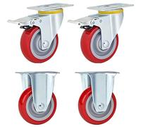 4pcs Swivel Furniture Casters Heavy Duty,Red Polyurethane Foam Industrial Caster,360° Top Plate,Ball Bearing,Dual Locking,No Noise,594lbs Load Capacity,Brake+fixed-3in