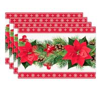 4pcs Tovaglietta Natalizia Cartamo, Sottopiatti Natalizi Rosso in Lino con Stampa di Albero di Natale Campanelli Fiori Rossi, Decorazione Tavola Natale per Festa Natale Cene di Famiglia(45 x 30 cm)