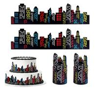 4pz Decorazione Torta Dello Skyline con Dots Adesivi, Topper per Torta Città Decorazioni Bordi Grattacielo per Feste Compleanno Supereroi & Eventi a Tema Costruzioni