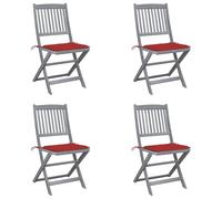 4pz Folding Garden Chairs with Cushions, Solid Acacia Wood Outdoor Dining Set for Patio, Terrace, Foldable Weather-Resistant Seating Furniture, Gray Washed Finish, Includes 4 Seat Cushions (Red)