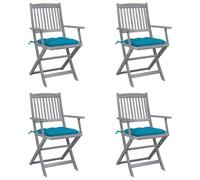 4pz Folding Garden Chairs with Cushions, Solid Acacia Wood Outdoor Dining Set for Patio Terrace, Weather-Resistant Foldable Chairs, Light Gray Finish, Blue Seat Cushions, Max Load 110kg