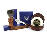 4pz in Legno Depilazione Set con Dritto Taglio Gola/Professionale Rasoio, Nero Tasso Look Allo Stesso Modo Capelli Sintetici Spazzola con Sapone & Vaso Perfetto Set in Legno di Rosa