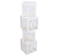 4pz Scatola per Palloncini Trasparente con Adesivi a Lettere, Scatola per la Conservazione dei Palloncini per Decorazioni di Feste, Espositore a Cubo in Plastica e Carta (AMORE)