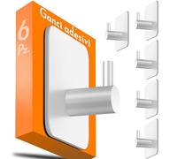 4smile ganci adesivi acciaio inox - SET 6 porta asciugamani autoadesivo bagno antiruggine, appendini accappatoio bagno, bianco