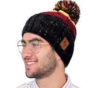 4sold - Berretto da uomo e da donna, caldo, invernale, con motivo a trecce e pompon, in lana, per sciare, comodo, con fodera in pile, Nero Maroon, Taglia unica
