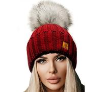 4sold Winter Cristallo Più Grande Pelliccia Pom Pom invernale di lana Berretto Delle Signore Delle Donne Beanie hat Pera Sci Snowboard di moda, Rosso scuro