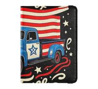 4th Of July Independence Day Land Of Free Blue Truck Porta passaporto in pelle per viaggio Custodia protettiva Custodia protettiva Badge ID Vaccino Card Holder Portafoglio per uomo Ultra Sottile, 4