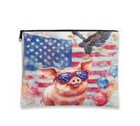 4th of July Pig Makeup Bag 17,8 x 22,9 cm per borsa da viaggio, 250 anni American Anniversary Pattern Cosmetic Pouch per donne, Giorno dell'Indipendenza Organizzatore portatile in tela con cerniera