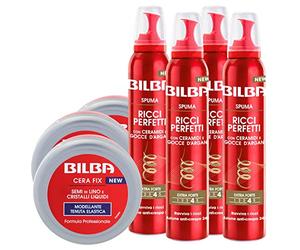 4x Bilba Spuma Ricci Perfetti Ceramidi e Olio di Argan Effetto Anticrespo 4 Flaconi da 200ml ognuno + 3x Cera Fix Modellante Capelli Semi di Lino e Cristalli Liquidi 3 Barattoli da 100ml ognuno