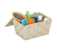 4x Cestino con Coperchio, Portaoggetti da Bagno, PP Intrecciato, HLP 10,5x19,5x14,5 cm, Beige
