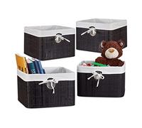 4X Cestino Portaoggetti, Fodera in Tessuto, bambù, Rettangolare, Bagno, Giochi, HLP 20x31x31 cm, Nero