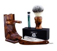 4x IN Legno Set Pennello da Barba Dritto Rasoio a Mano Libera Stand & Alluminio
