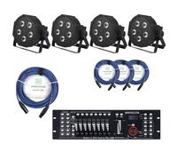 4x PAR LED Faro RGBW 5x9W LED Strobo Wash Programmabile Set Cavi DMX e USB Mixer