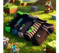 5/1 Paio di calzini alla caviglia da uomo Minecraft - Calzini per ragazzi adolescenti con elementi di sandbox, con disegni di scheletro, villaggio, TNT, creeper e ragno; adatti come regalo di complean