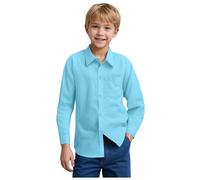 5-10 Anni, Camicia da ragazzo per la scuola a maniche lunghe, camicetta per la scuola, uniforme tinta unita, top alla moda, morbida, per primavera e autunno, camicie formali, blu cielo, 7-8 Anni