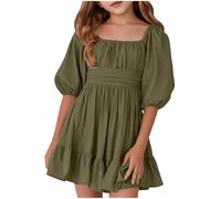 5-15 Anni Vestito Bambina Estivo Lino Cotone Vestito a Maniche Corte Ragazza Principessa Elegante A-Line Abiti Estivi Abito da Sposa per Feste Completi Scolastici Abbigliamento per Bambine