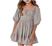 5-15 Anni Vestito Bambina Estivo Lino Cotone Vestito a Maniche Corte Ragazza Principessa Elegante A-Line Abiti Estivi Abito da Sposa per Feste Completi Scolastici Abbigliamento per Bambine
