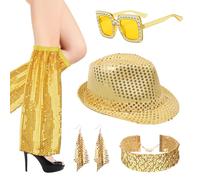 5 accessori da discoteca anni '70 per donne, accessori da donna in stile anni '70, accessori per travestimento in oro con cappello con paillettes, scaldamuscoli, occhiali da sole, orecchini, collana