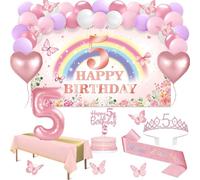 5° compleanno, 47 striscioni rosa arcobaleno per 5 anni, tovaglia, decorazione a farfalla, fascia e tiara per 5° compleanno, decorazione per torte, candele, arco palloncini