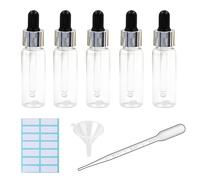5 flaconi contagocce trasparenti da 20 ml, in plastica, per pipette di olio essenziale, ricaricabili, con pipetta misurata, imbuto ed etichette (nero + tappo argento)