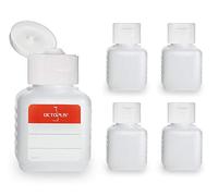 5 flaconi di plastica Octopus da 50 ml, bottigliette di plastica HPDE con tappo flip top bianco, bottiglie con tappo a cerniera bianco, flaconi quadrati con 5 etichette adesive