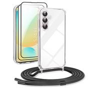 [5 in 1] 1 set di collana per Samsung Galaxy S24 FE con cinturino + custodia protettiva trasparente, 2 pellicole protettive + 1 set di pulizia, collana per cellulare da appendere con cordoncino (nero