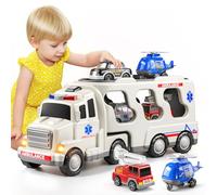 5 in 1 ambulanza bambino camion giocattolo per bambini 3 4 5 6 anni, auto guidate ad attrito con elicottero, auto della polizia, vigili del fuoco, ambulanza, regali di compleanno per ragazze età 3-9