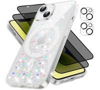 5-in-1 Clear Glitter Cover for iPhone 13 / iPhone 14 with 2X Privacy Pellicola Vetro, 2X Camera Protector Silicone for Girls, Anti-spy Pellicola Vetro, Cover mit Mag-Safe Shockproof Anti-Scratch