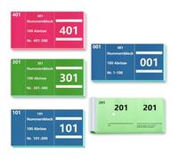 5 libri con numeri doppi da 1 a 500 numeri, 3 colori, 5 x 10 cm, blocco numerico Tombola, per guardaroba, punzonatura con fori sfusi Tombola numerati a doppio numero, blu, verde, rosa