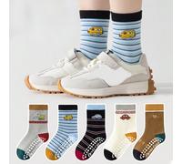 5 paia di calzini antiscivolo per bambini con motivo a righe e auto, in stile cartone animato, con puntini in gomma sulla suola, calzini morbidi per bambini e bambine, adatti per uso quotidiano 1-2Y,0