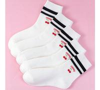 5 paia di calzini per bambini a motivo di ciliegie stampate, con due strisce rosse, casual e adatti per uso quotidiano e scolastico per ragazzi, a tubo corto, adatti per calze bianche di media e picco