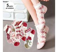 5 Paia/pack Collant Trasparente In Seta Di Vetro Con Motivo Floreale Di Rose Per Donne (stile Ins) 36-39FumettoTessuto in maglia