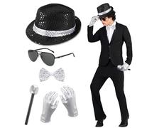 5 PCS Accessori Costume MJ per Adulti, Accessori Glitter - Cappello Paillettes Microfono Finto Occhiali da Sole Guanti Papillon Paillettes, Costume Disco Pop Star per Halloween Carnevale Cosplay