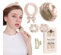 5 Pcs Ferro Arricciacapelli Senza Calore, Bigodini per Styling Capelli, Set di Bigodini per Capelli e Cuffia,Fascia Morbida Curler Arricciacapelli per Capelli Medi Lunghi-Beige