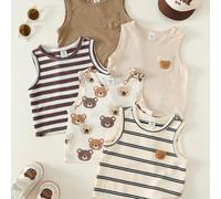 5 pezzi Abbigliamento per neonati unisex per bambini e bambine, canotte estive carine e versatili, casual, in maglia a righe con motivo orsetto cartone animato, multicolore, abbinabili a tutto, confez